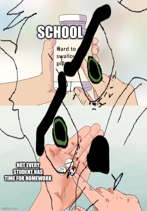 Hard To Swallow Pills | SCHOOL; NOT EVERY STUDENT HAS TIME FOR HOMEWORK | image tagged in memes,hard to swallow pills | made w/ Imgflip meme maker