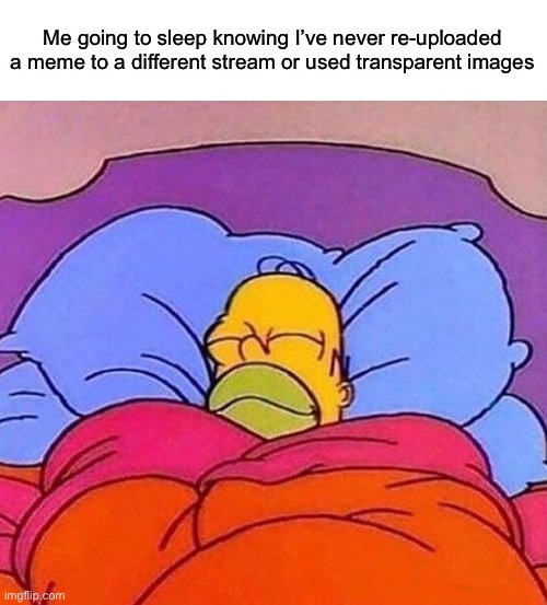 Why are there so much re-uploaders | Me going to sleep knowing I’ve never re-uploaded a meme to a different stream or used transparent images | image tagged in homer simpson sleeping peacefully | made w/ Imgflip meme maker