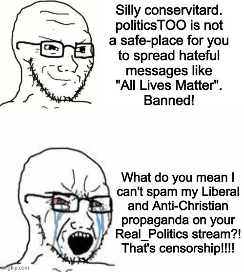 Silly conservitard.
politicsTOO is not
a safe-place for you
to spread hateful
messages like
"All Lives Matter".
Banned! What do you mean I
c | image tagged in 2 crying soyjacks | made w/ Imgflip meme maker