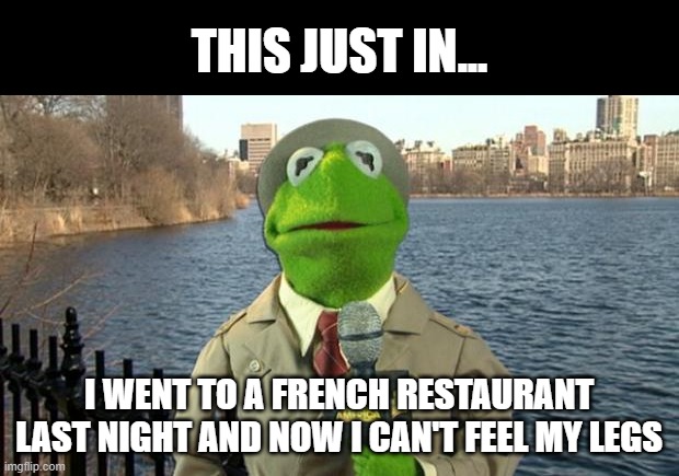 When the production assistant trolls Kermit during a live show. | THIS JUST IN... I WENT TO A FRENCH RESTAURANT LAST NIGHT AND NOW I CAN'T FEEL MY LEGS | image tagged in kermit news report,memes,french,legs,restaurant | made w/ Imgflip meme maker