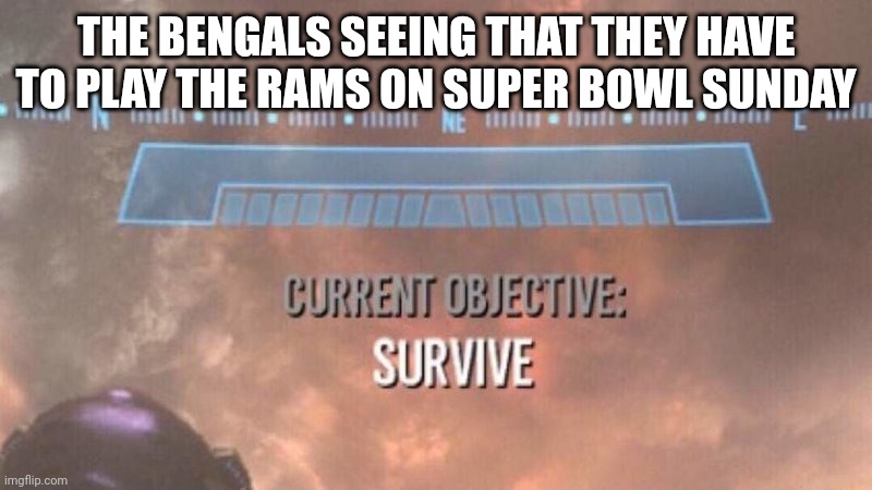 Current Objective: Survive | THE BENGALS SEEING THAT THEY HAVE TO PLAY THE RAMS ON SUPER BOWL SUNDAY | image tagged in current objective survive | made w/ Imgflip meme maker