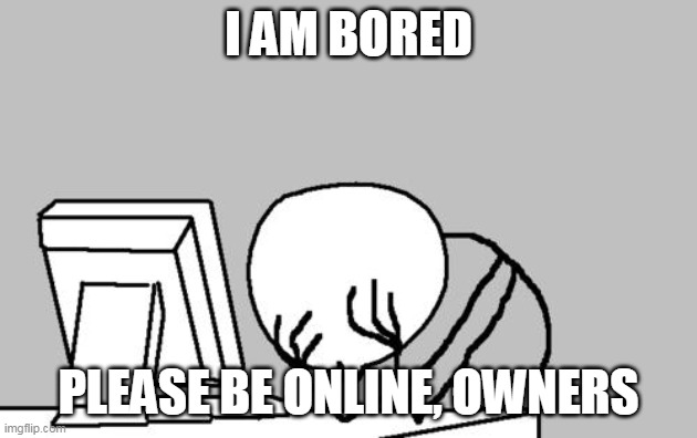 PLEASE | I AM BORED; PLEASE BE ONLINE, OWNERS | image tagged in memes,computer guy facepalm | made w/ Imgflip meme maker