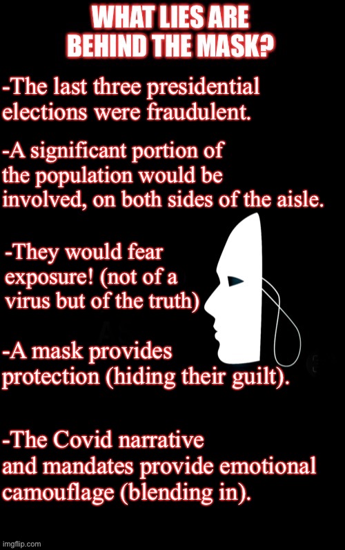 Severe Psychological Exposure | -The last three presidential elections were fraudulent. -A significant portion of the population would be involved, on both sides of the aisle. -They would fear exposure! (not of a virus but of the truth); -A mask provides protection (hiding their guilt). -The Covid narrative and mandates provide emotional camouflage (blending in). | image tagged in face mask,covid,election fraud,psychology,shame,exposed | made w/ Imgflip meme maker