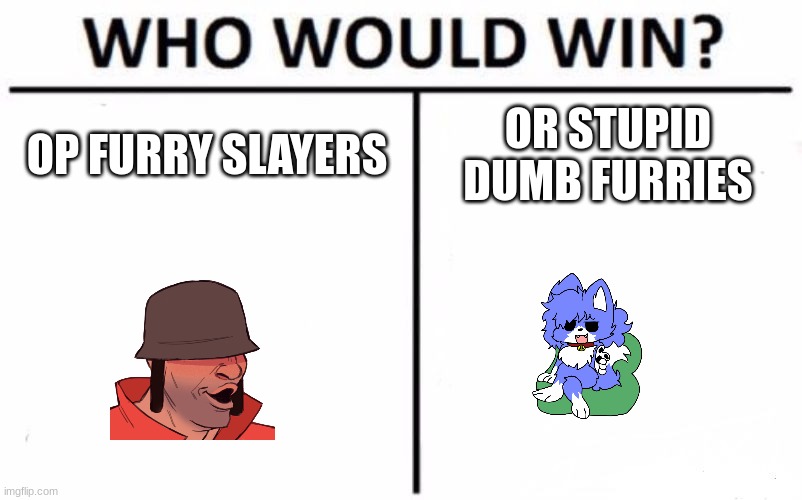Who Would Win? Meme | OP FURRY SLAYERS; OR STUPID DUMB FURRIES | image tagged in memes,who would win | made w/ Imgflip meme maker