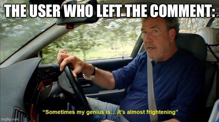 sometimes my genius is... it's almost frightening | THE USER WHO LEFT THE COMMENT: | image tagged in sometimes my genius is it's almost frightening | made w/ Imgflip meme maker