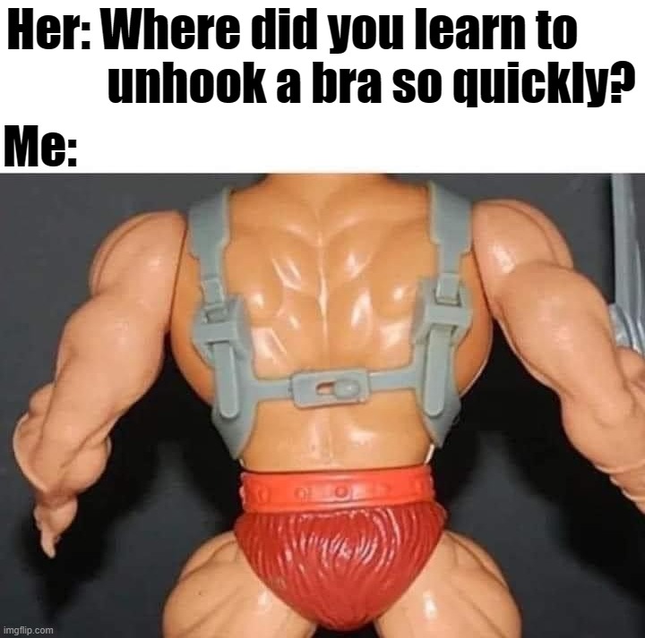 I got skillz from my toyz | Her: Where did you learn to 
           unhook a bra so quickly? Me: | image tagged in bra,heman,he-man | made w/ Imgflip meme maker