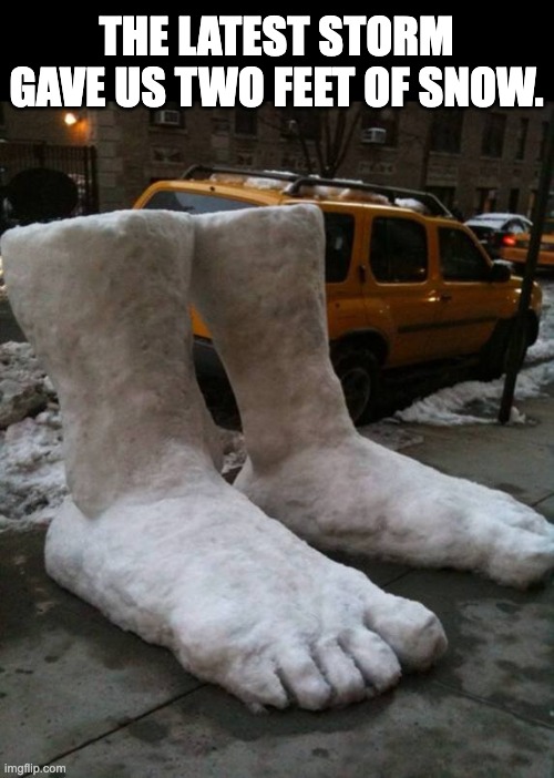snow joke | THE LATEST STORM GAVE US TWO FEET OF SNOW. | image tagged in bad pun | made w/ Imgflip meme maker