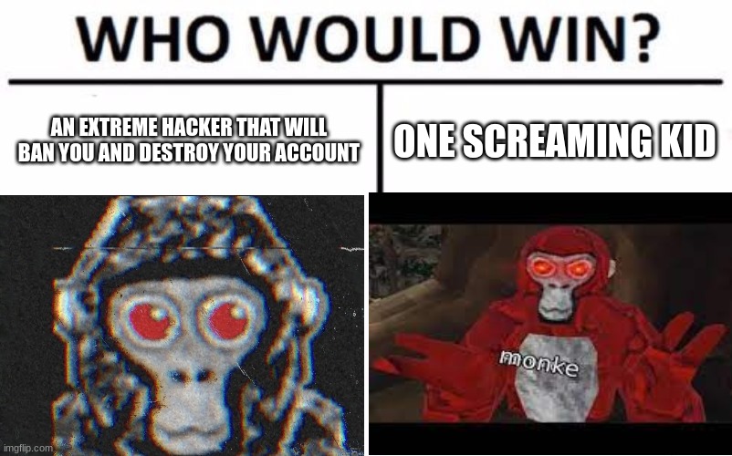 hard to choose | AN EXTREME HACKER THAT WILL BAN YOU AND DESTROY YOUR ACCOUNT; ONE SCREAMING KID | image tagged in who would win,funny,gorilla tag,viral,pbbv,toxic kid | made w/ Imgflip meme maker