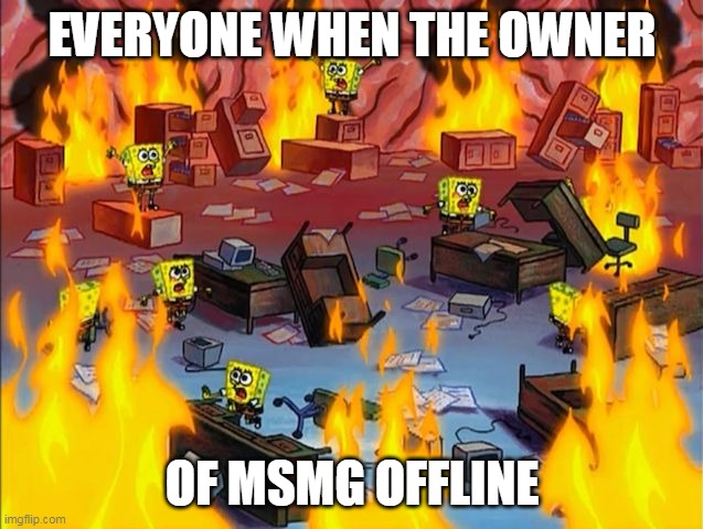 Don't do it again | EVERYONE WHEN THE OWNER; OF MSMG OFFLINE | image tagged in spongebob fire | made w/ Imgflip meme maker
