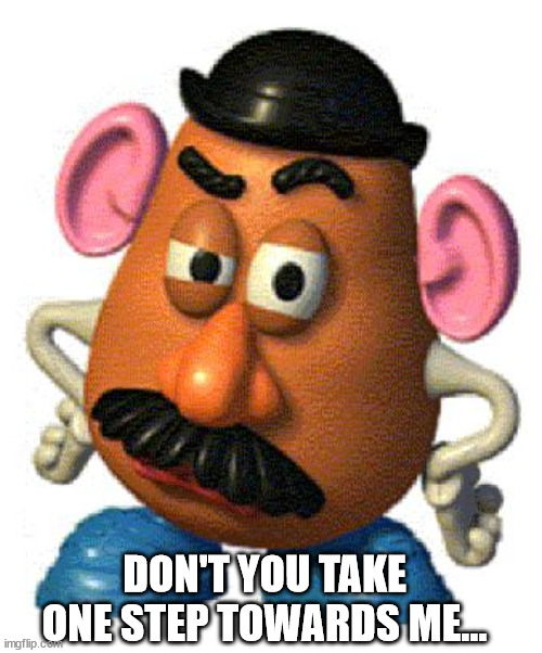 Mr Potato Head | DON'T YOU TAKE ONE STEP TOWARDS ME... | image tagged in mr potato head | made w/ Imgflip meme maker