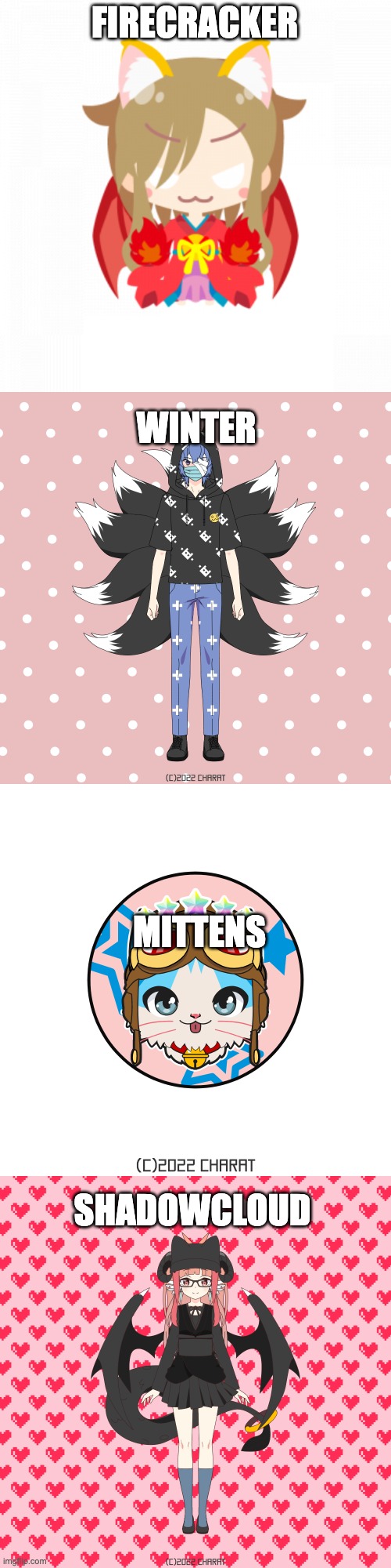 Oc adopts! For free! All of the drawings are charat templates | FIRECRACKER; WINTER; MITTENS; SHADOWCLOUD | made w/ Imgflip meme maker