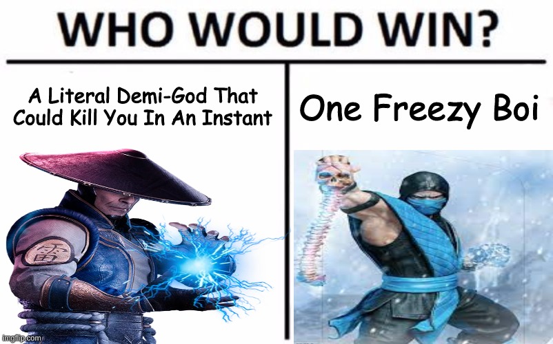 WHOOOOOOO????!?!? | A Literal Demi-God That Could Kill You In An Instant; One Freezy Boi | image tagged in raiden,sub-zero | made w/ Imgflip meme maker