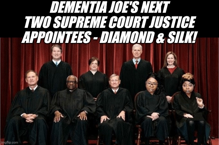 Dementia Joe's Next Two Supreme Court Justice Appointees - Diamond & Silk! | DEMENTIA JOE'S NEXT TWO SUPREME COURT JUSTICE APPOINTEES - DIAMOND & SILK! | image tagged in scotus,diamond | made w/ Imgflip meme maker