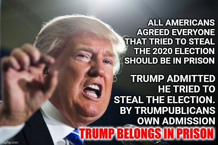 By Trump's Own Admission | ALL AMERICANS AGREED EVERYONE THAT TRIED TO STEAL THE 2020 ELECTION SHOULD BE IN PRISON; TRUMP ADMITTED HE TRIED TO STEAL THE ELECTION.  BY TRUMPUBLICANS OWN ADMISSION TRUMP BELONGS IN PRISON; TRUMP BELONGS IN PRISON | image tagged in donald trump,memes,arrogant rich man,gargantuan ego,lock him up,traitor trump | made w/ Imgflip meme maker