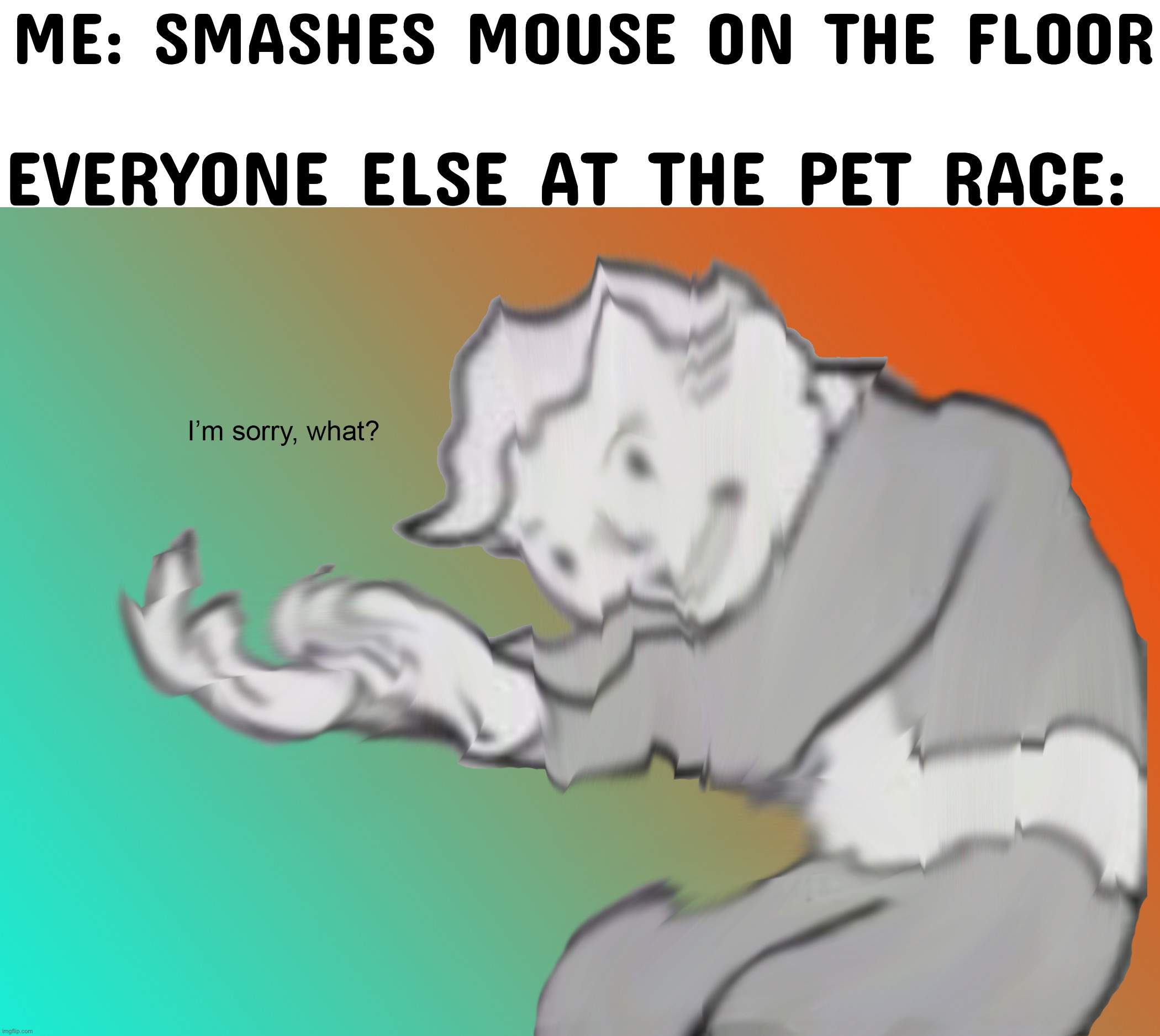 I'm sorry what? | ME: SMASHES MOUSE ON THE FLOOR; EVERYONE ELSE AT THE PET RACE: | image tagged in i'm sorry what,dark humor | made w/ Imgflip meme maker