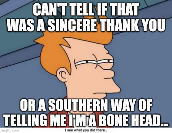 Bless your heart | CAN'T TELL IF THAT WAS A SINCERE THANK YOU; OR A SOUTHERN WAY OF TELLING ME I'M A BONE HEAD... | image tagged in cant tell | made w/ Imgflip meme maker