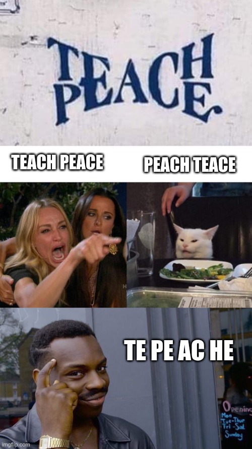 How to read? | TEACH PEACE; PEACH TEACE; TE PE AC HE | image tagged in memes,woman yelling at cat,roll safe think about it | made w/ Imgflip meme maker