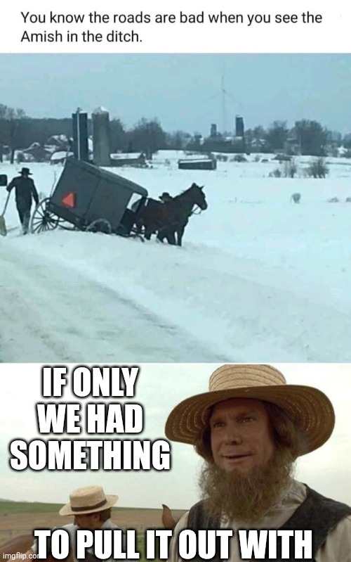 THE HORSE MUST HAVE SAID "NOPE NOT TODAY" | IF ONLY WE HAD SOMETHING; TO PULL IT OUT WITH | image tagged in amish you so much,winter,snow,amish | made w/ Imgflip meme maker