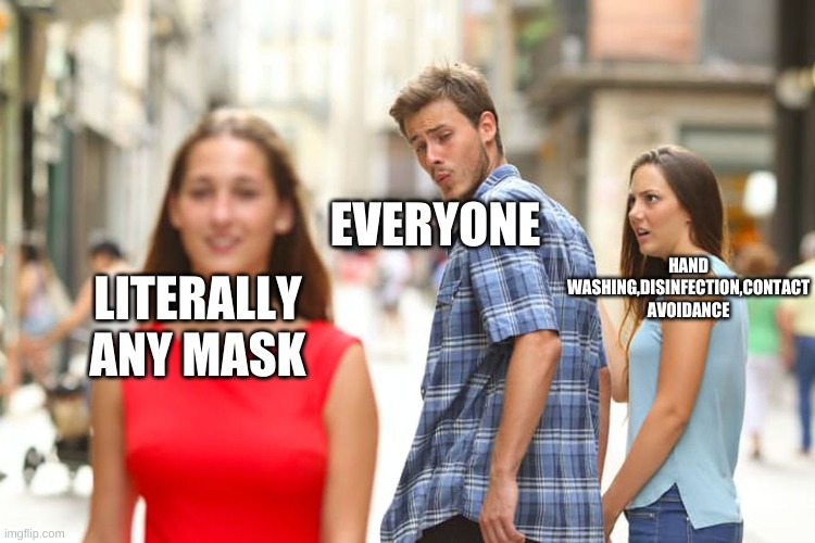 distracted boyfriend | HAND WASHING,DISINFECTION,CONTACT AVOIDANCE; EVERYONE; LITERALLY ANY MASK | image tagged in memes,distracted boyfriend | made w/ Imgflip meme maker