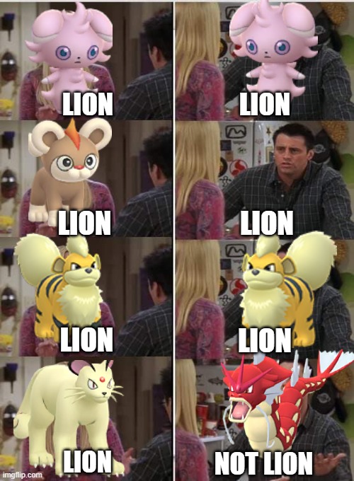 Lunar new year event be like in pokemon go | LION; LION; LION; LION; LION; LION; LION; NOT LION | image tagged in phoebe joey | made w/ Imgflip meme maker