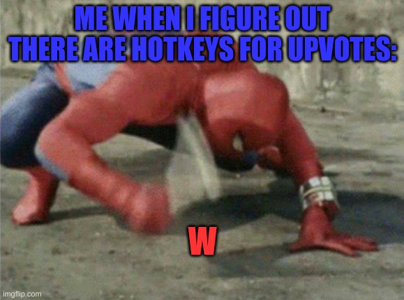 wwwwwwwwwwwwwwwwww | ME WHEN I FIGURE OUT THERE ARE HOTKEYS FOR UPVOTES:; W | image tagged in spiderman wrench,ww1,wait what,what can i say except aaaaaaaaaaa | made w/ Imgflip meme maker