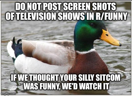 Actual Advice Mallard | DO NOT POST SCREEN SHOTS OF TELEVISION SHOWS IN R/FUNNY IF WE THOUGHT YOUR SILLY SITCOM WAS FUNNY, WE'D WATCH IT | image tagged in memes,actual advice mallard | made w/ Imgflip meme maker