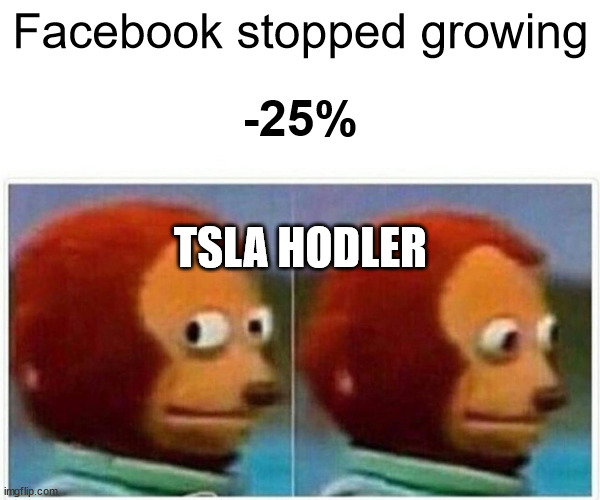 TSLA hodler when sees FB stopped growing | Facebook stopped growing; -25%; TSLA HODLER | image tagged in memes,monkey puppet | made w/ Imgflip meme maker