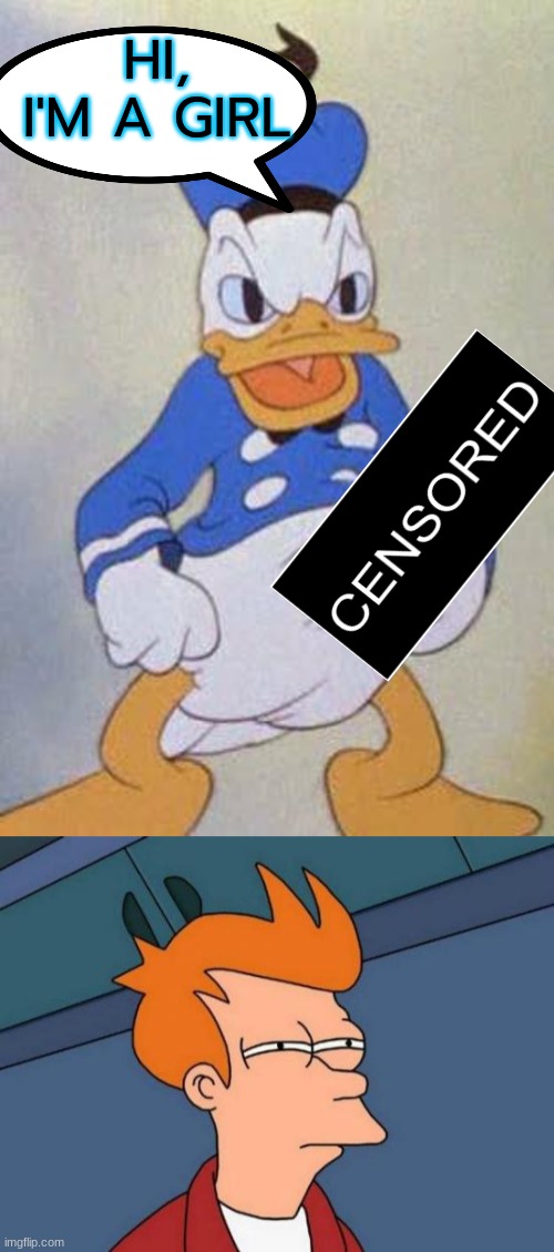 im submitting in lgtbq | HI, I'M A GIRL | image tagged in horny donald duck,memes,futurama fry | made w/ Imgflip meme maker