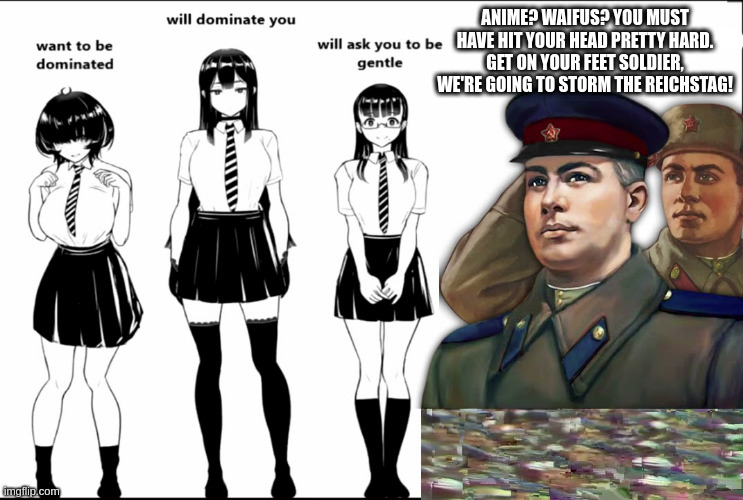 e | ANIME? WAIFUS? YOU MUST HAVE HIT YOUR HEAD PRETTY HARD. GET ON YOUR FEET SOLDIER, WE'RE GOING TO STORM THE REICHSTAG! | image tagged in e | made w/ Imgflip meme maker