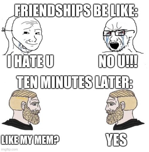 bruh ._. | FRIENDSHIPS BE LIKE:; I HATE U; NO U!!! TEN MINUTES LATER:; YES; LIKE MY MEM? | image tagged in chad we know | made w/ Imgflip meme maker
