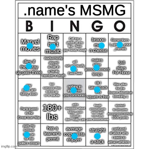 .name's MSMG bingo | image tagged in name's msmg bingo | made w/ Imgflip meme maker