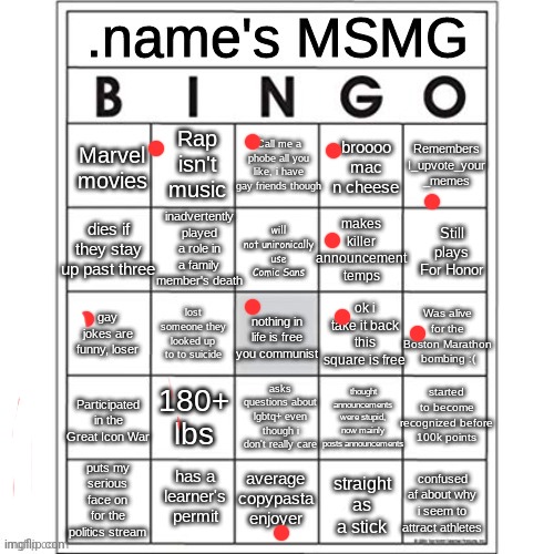 .name's MSMG bingo | image tagged in name's msmg bingo | made w/ Imgflip meme maker