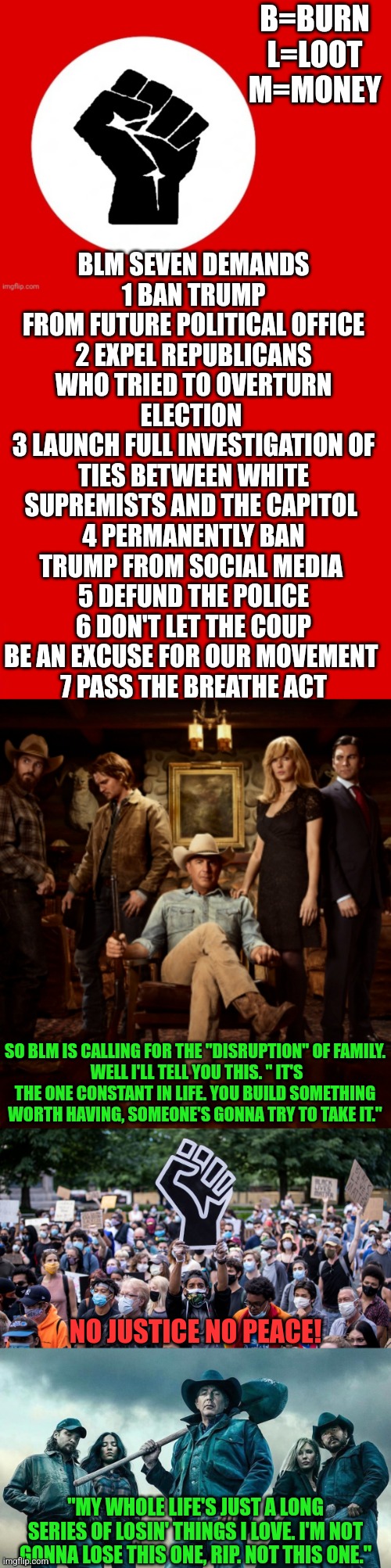 Never threaten a man's family | B=BURN
L=LOOT
M=MONEY; BLM SEVEN DEMANDS
1 BAN TRUMP FROM FUTURE POLITICAL OFFICE
2 EXPEL REPUBLICANS WHO TRIED TO OVERTURN ELECTION 
3 LAUNCH FULL INVESTIGATION OF TIES BETWEEN WHITE SUPREMISTS AND THE CAPITOL 
4 PERMANENTLY BAN TRUMP FROM SOCIAL MEDIA 
5 DEFUND THE POLICE
6 DON'T LET THE COUP BE AN EXCUSE FOR OUR MOVEMENT 
7 PASS THE BREATHE ACT; SO BLM IS CALLING FOR THE "DISRUPTION" OF FAMILY.
 WELL I'LL TELL YOU THIS. " IT'S THE ONE CONSTANT IN LIFE. YOU BUILD SOMETHING WORTH HAVING, SOMEONE'S GONNA TRY TO TAKE IT."; NO JUSTICE NO PEACE! "MY WHOLE LIFE'S JUST A LONG SERIES OF LOSIN' THINGS I LOVE. I'M NOT GONNA LOSE THIS ONE, RIP. NOT THIS ONE." | image tagged in blm,communist socialist,family values | made w/ Imgflip meme maker