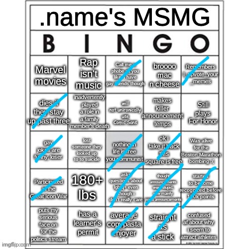 Idk what the boston marathon bombing was | image tagged in name's msmg bingo | made w/ Imgflip meme maker