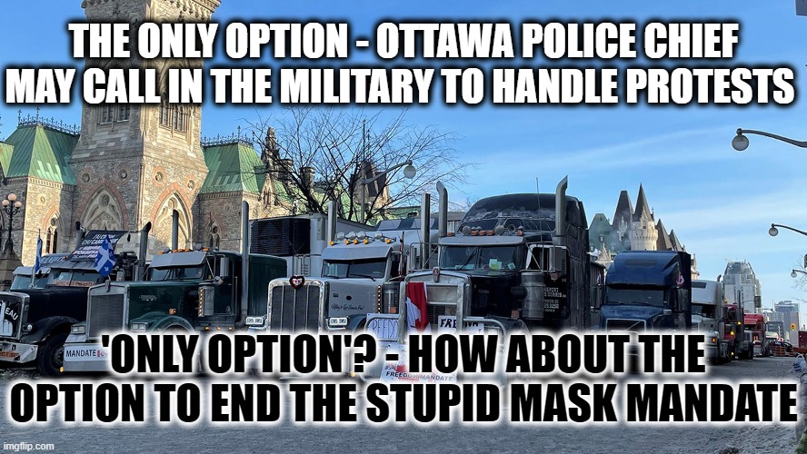 Canadian Trucker Protest | THE ONLY OPTION - OTTAWA POLICE CHIEF MAY CALL IN THE MILITARY TO HANDLE PROTESTS; 'ONLY OPTION'? - HOW ABOUT THE OPTION TO END THE STUPID MASK MANDATE | image tagged in liberal logic,stupid people,canadian politics | made w/ Imgflip meme maker