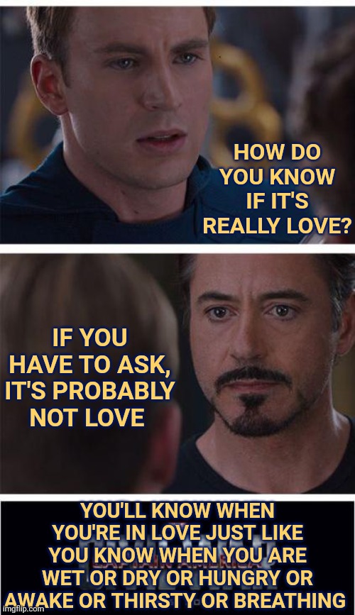 You Just Know |  HOW DO YOU KNOW IF IT'S REALLY LOVE? IF YOU HAVE TO ASK, IT'S PROBABLY NOT LOVE; YOU'LL KNOW WHEN YOU'RE IN LOVE JUST LIKE YOU KNOW WHEN YOU ARE WET OR DRY OR HUNGRY OR AWAKE OR THIRSTY OR BREATHING | image tagged in memes,marvel civil war 1,you know the rules and so do i,know the difference,love is love,what is love | made w/ Imgflip meme maker