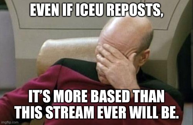 Captain Picard Facepalm | EVEN IF ICEU REPOSTS, IT’S MORE BASED THAN THIS STREAM EVER WILL BE. | image tagged in memes,captain picard facepalm | made w/ Imgflip meme maker