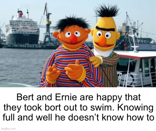 We need more Bert and Ernie memes on imgflip | Bert and Ernie are happy that they took bort out to swim. Knowing full and well he doesn’t know how to | image tagged in bert and ernie | made w/ Imgflip meme maker