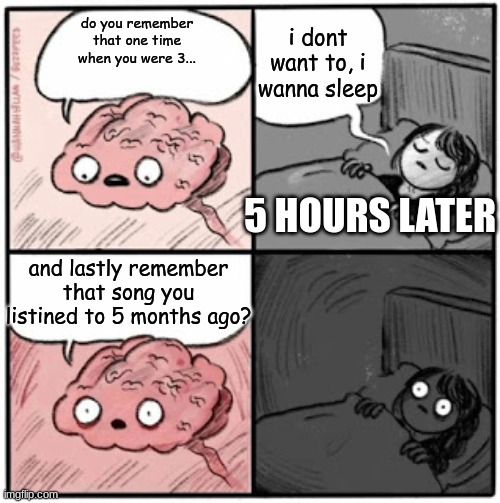 wth | i dont want to, i wanna sleep; do you remember that one time when you were 3... 5 HOURS LATER; and lastly remember that song you listined to 5 months ago? | image tagged in brain before sleep | made w/ Imgflip meme maker