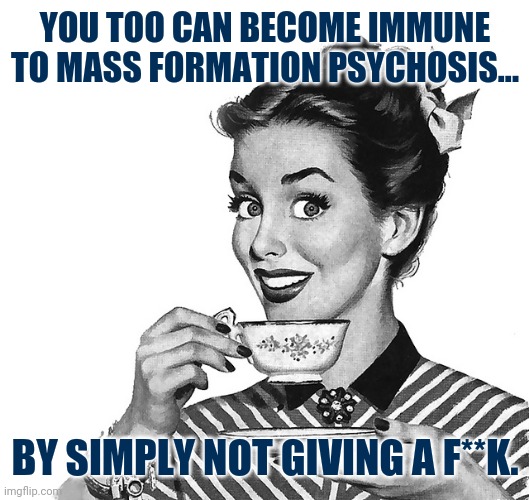That's the key. | YOU TOO CAN BECOME IMMUNE TO MASS FORMATION PSYCHOSIS... BY SIMPLY NOT GIVING A F**K. | image tagged in 50s woman | made w/ Imgflip meme maker
