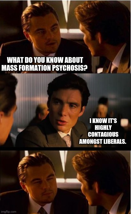 Highly contagious. | WHAT DO YOU KNOW ABOUT MASS FORMATION PSYCHOSIS? I KNOW IT'S HIGHLY CONTAGIOUS AMONGST LIBERALS. | image tagged in memes,inception | made w/ Imgflip meme maker