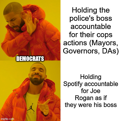 Drake Hotline Bling | Holding the police's boss accountable for their cops actions (Mayors, Governors, DAs); DEMOCRATS; Holding Spotify accountable for Joe Rogan as if they were his boss | image tagged in memes,drake hotline bling | made w/ Imgflip meme maker