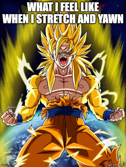 Goku | WHAT I FEEL LIKE WHEN I STRETCH AND YAWN | image tagged in goku | made w/ Imgflip meme maker