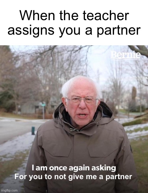 This is how I feel | When the teacher assigns you a partner; For you to not give me a partner | image tagged in blank white template,memes,bernie i am once again asking for your support | made w/ Imgflip meme maker