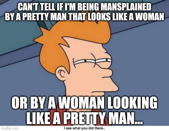 Man or woman? | CAN'T TELL IF I'M BEING MANSPLAINED BY A PRETTY MAN THAT LOOKS LIKE A WOMAN; OR BY A WOMAN LOOKING LIKE A PRETTY MAN... | image tagged in cant tell | made w/ Imgflip meme maker