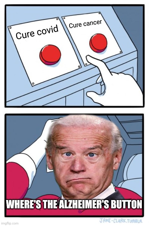 Where's the Alzheimer's button? | Cure cancer; Cure covid; WHERE'S THE ALZHEIMER'S BUTTON | image tagged in memes,two buttons,biden | made w/ Imgflip meme maker