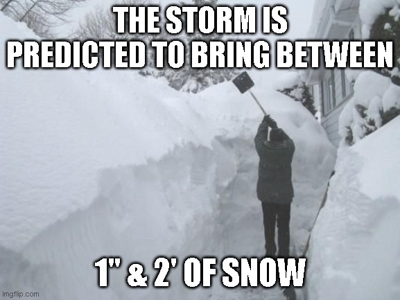 Snowfall | THE STORM IS PREDICTED TO BRING BETWEEN; 1" & 2' OF SNOW | image tagged in snowfall,weather,prediction,forecast | made w/ Imgflip meme maker
