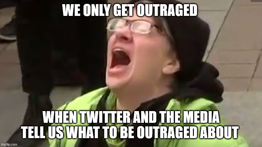 Screaming Liberal  | WE ONLY GET OUTRAGED WHEN TWITTER AND THE MEDIA TELL US WHAT TO BE OUTRAGED ABOUT | image tagged in screaming liberal | made w/ Imgflip meme maker