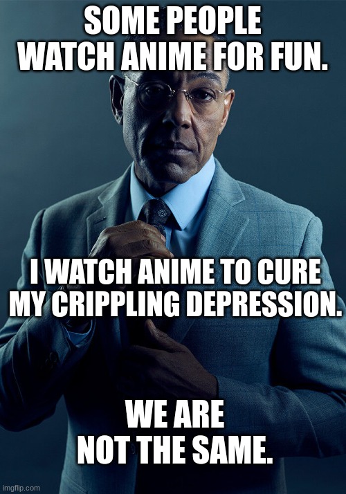 ‧º·(˚ ˃̣̣̥⌓˂̣̣̥ )‧º·˚ | SOME PEOPLE WATCH ANIME FOR FUN. I WATCH ANIME TO CURE MY CRIPPLING DEPRESSION. WE ARE NOT THE SAME. | image tagged in gus fring we are not the same | made w/ Imgflip meme maker