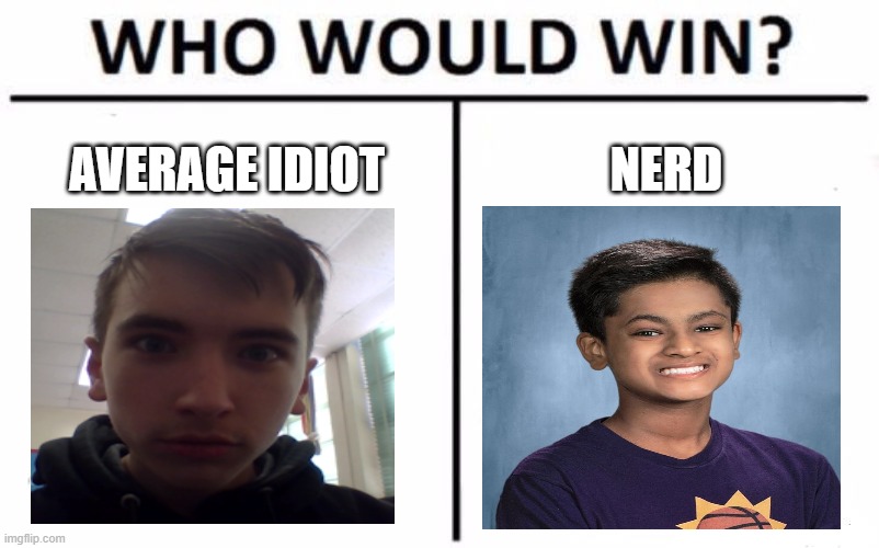 idk man | AVERAGE IDIOT; NERD | image tagged in memes,who would win | made w/ Imgflip meme maker